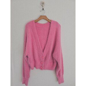 Pink Fuzzy Cropped Cardigan Soft Fluffy Knit Button Front Sweater